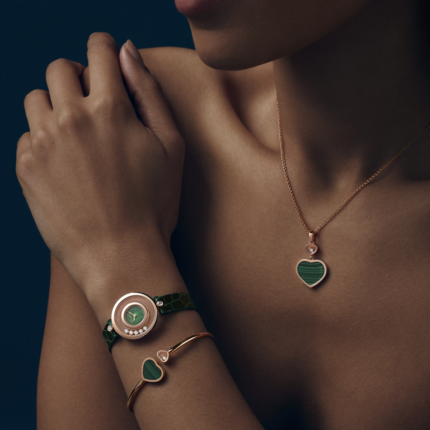 Chopard Happy Hearts 18ct Rose Gold 0.05ct Diamond Malachite Pendant
