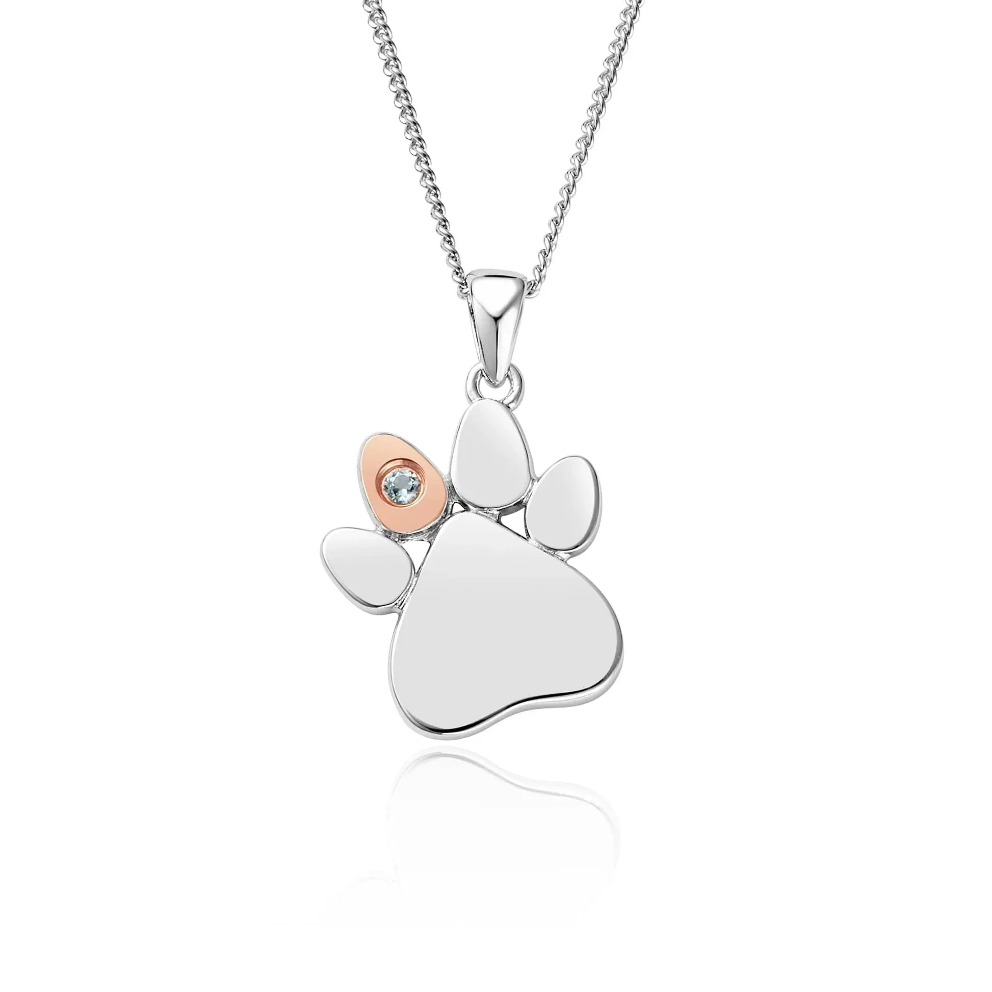 Clogau Paw Prints On My Heart Sterling Silver March Birthstone Aquamarine Necklace