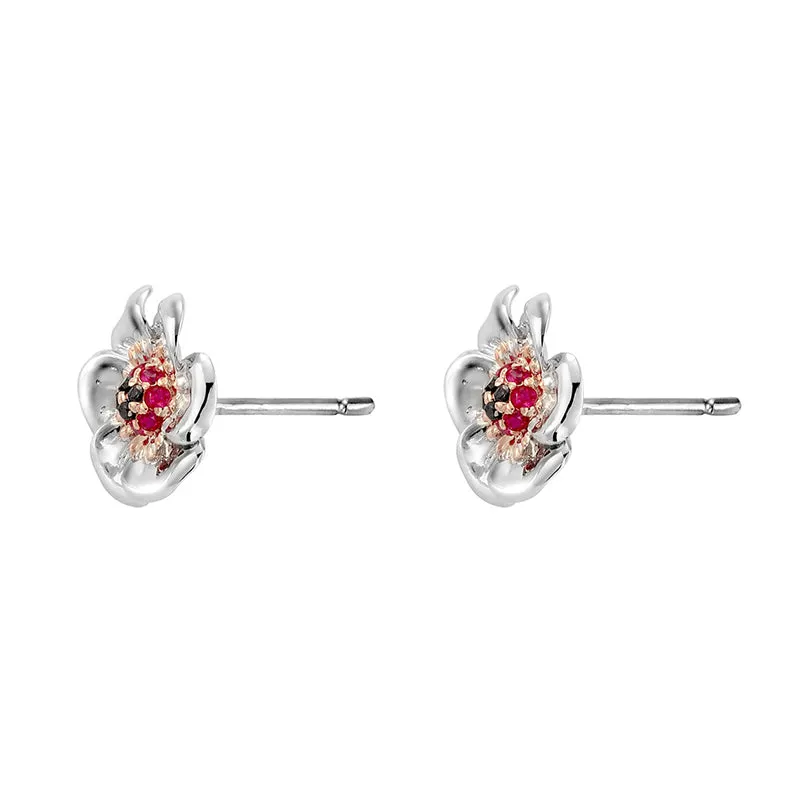 Clogau Welsh Poppy Silver Rose Gold Black Diamond And Ruby Studs D