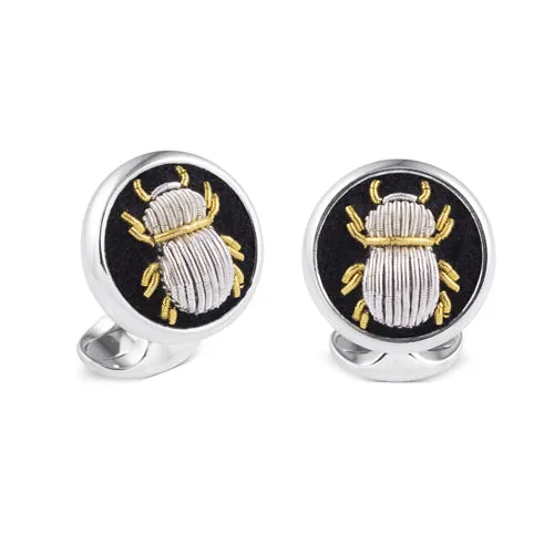 Deakin & Francis Cufflinks Sterling Silver Embroidered Silver And Gold Bug