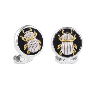 Deakin & Francis Cufflinks Sterling Silver Embroidered Silver And Gold Bug