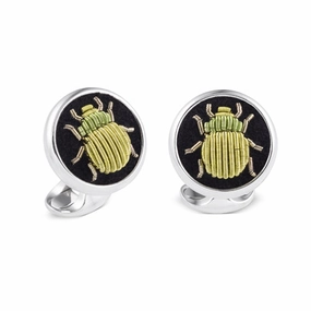 Deakin & Francis Cufflinks Sterling Silver Embroidered Green Bug