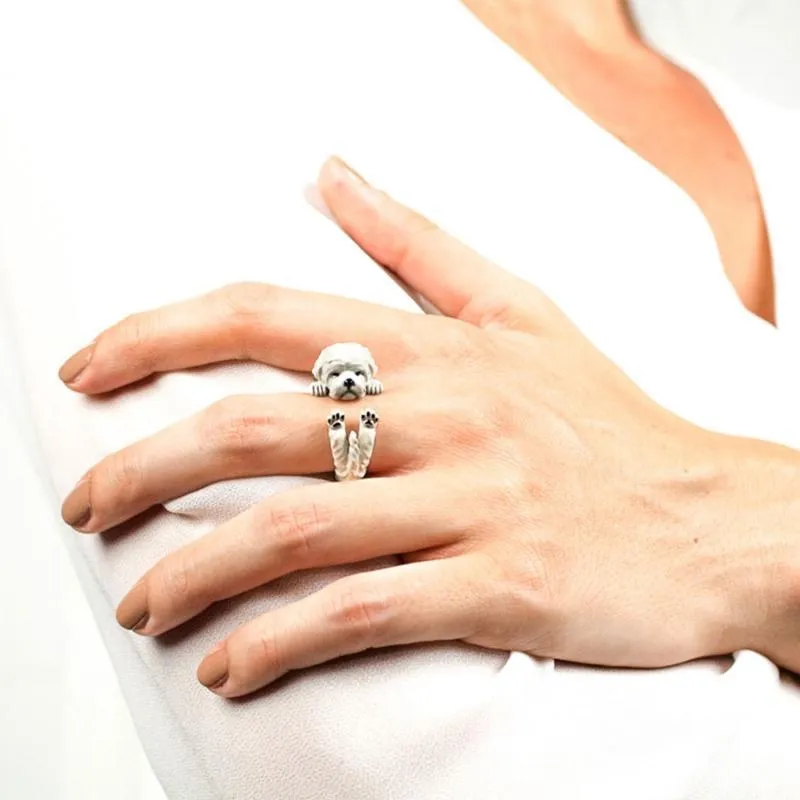 Dog Fever Sterling Silver Enamelled Bichon Frise Hug Ring