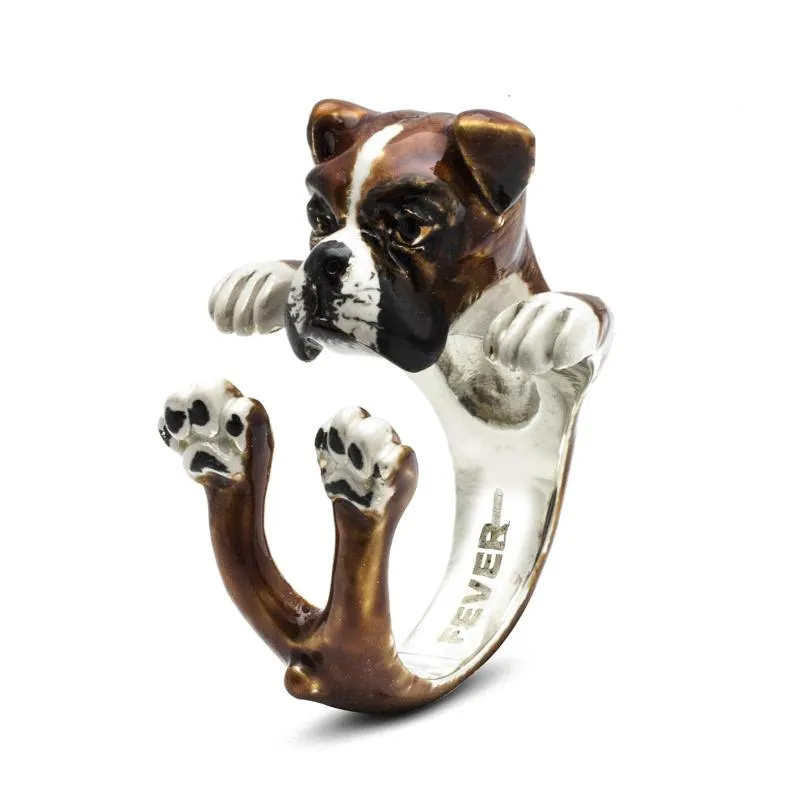 Dog Fever Sterling Silver Enamelled Boxer Hug Ring
