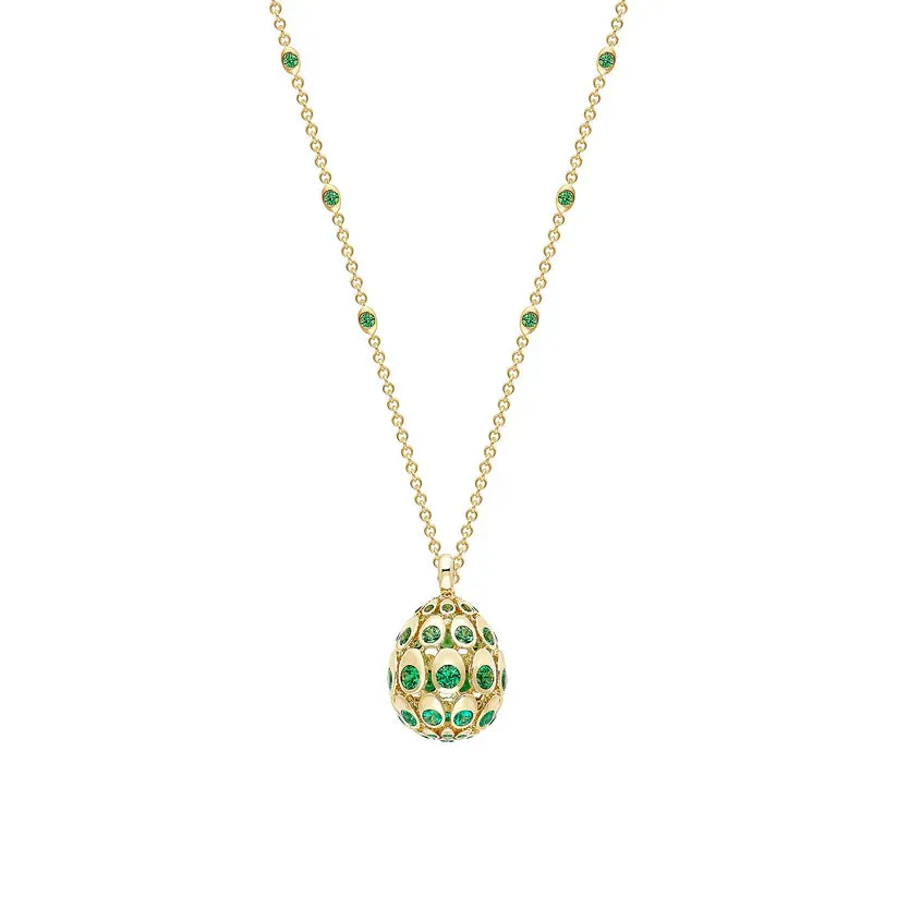 Faberg Cosmic Curve 18ct Yellow Gold Emerald & Tsavorite Egg Pendant