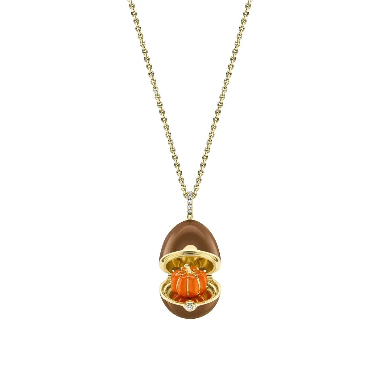 Faberge 18ct Yellow Gold Diamond Brown Lacquer Pumpkin Surprise Locket