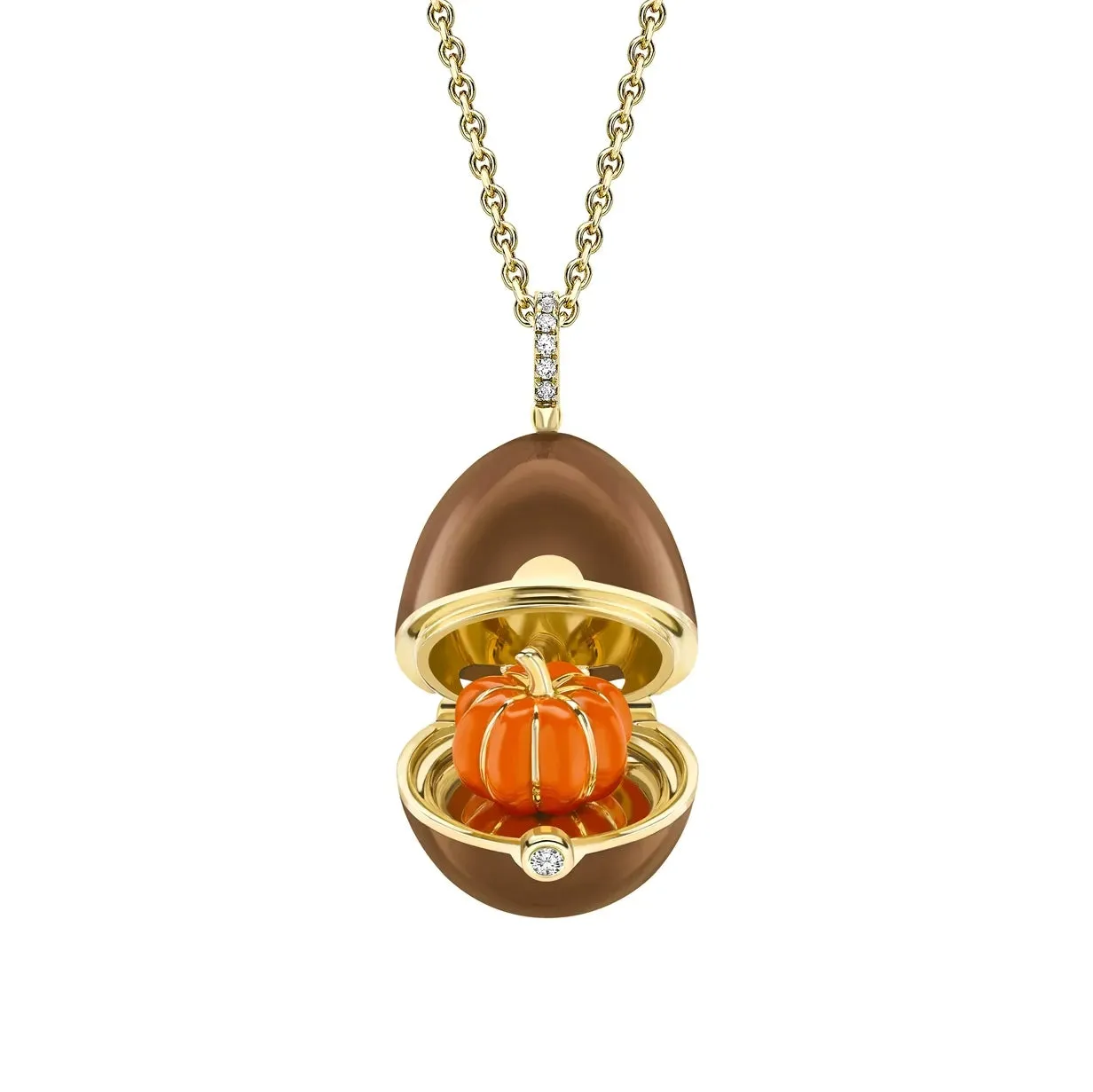 Faberge 18ct Yellow Gold Diamond Brown Lacquer Pumpkin Surprise Locket