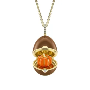 Faberge 18ct Yellow Gold Diamond Brown Lacquer Pumpkin Surprise Locket