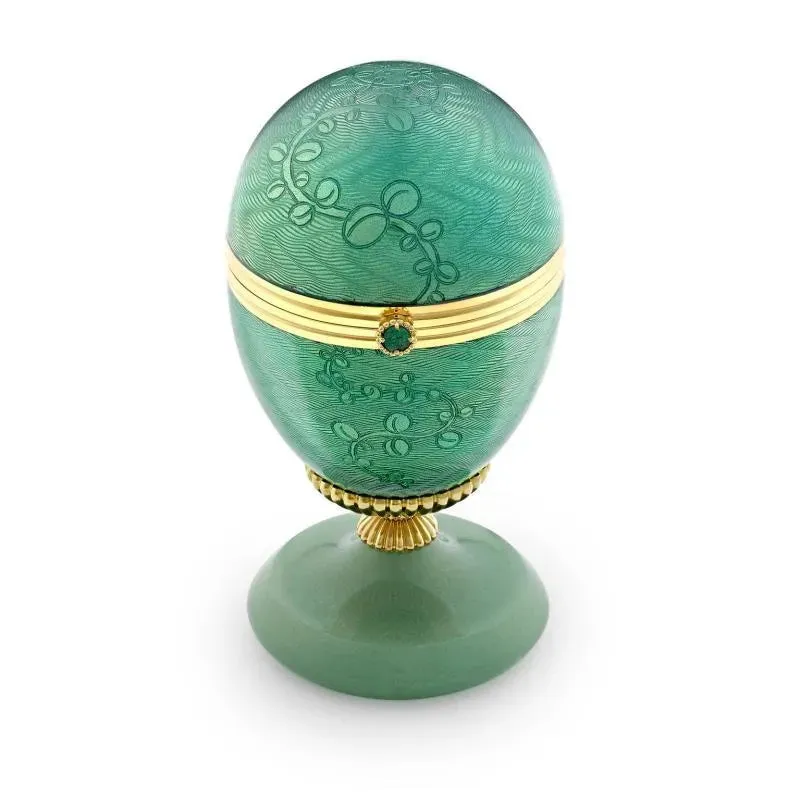 Faberge 18ct Yellow Gold Green Enamel Limited Edition Egg Objet with Twin Flower Surprise