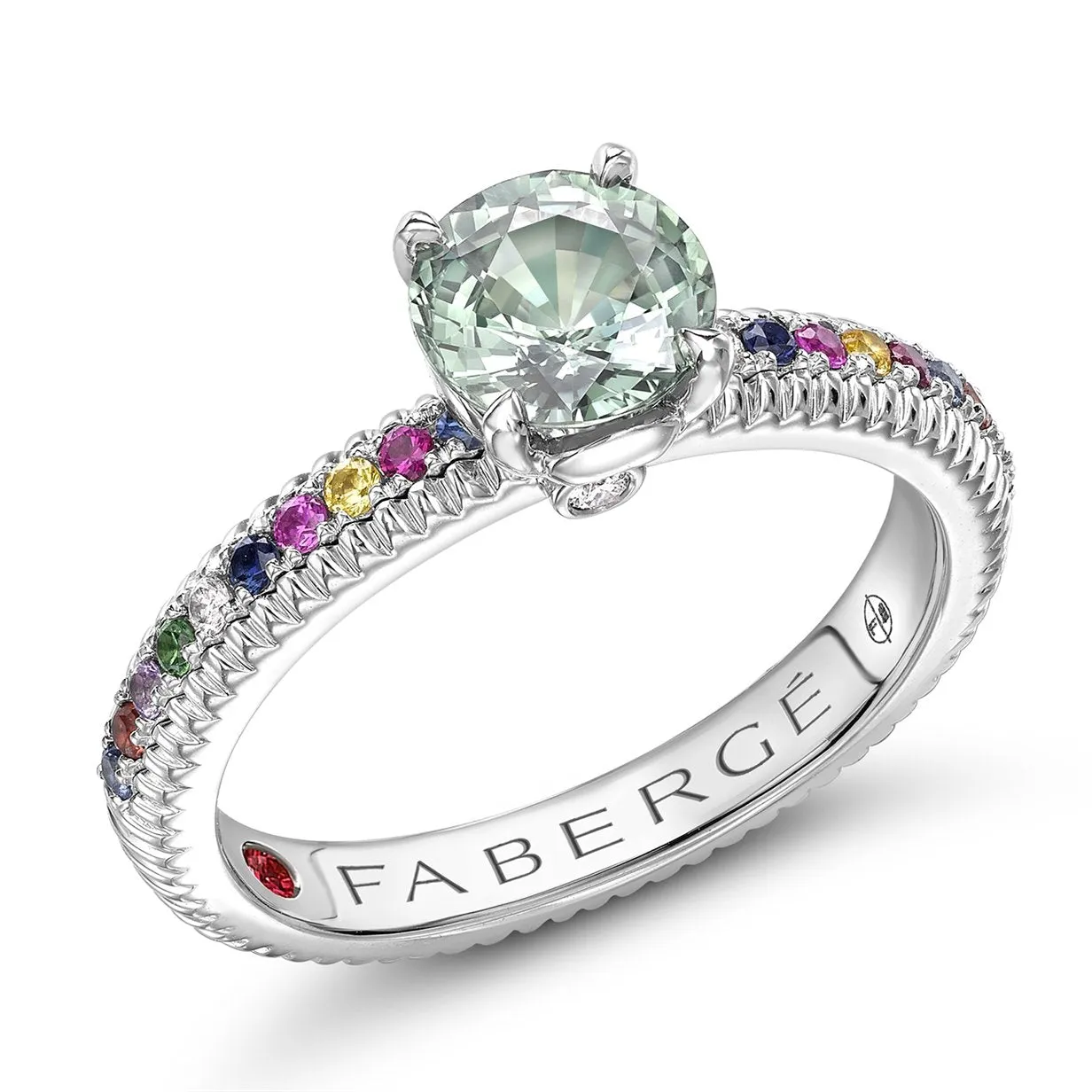 Faberge Colours of Love 18ct White Gold Green Sapphire Mixed Gemstone Fluted Ring