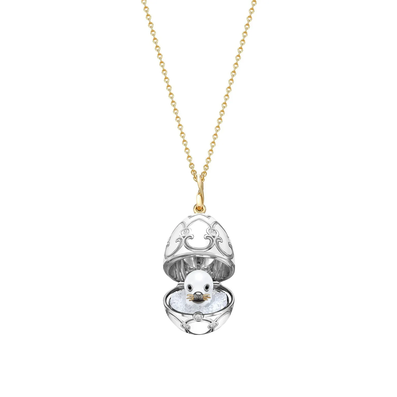 Faberge Heritage 18ct Gold White Enamel Locket with Seal Surprise