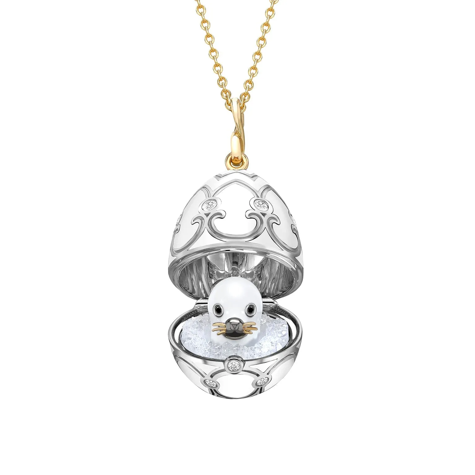 Faberge Heritage 18ct Gold White Enamel Locket with Seal Surprise