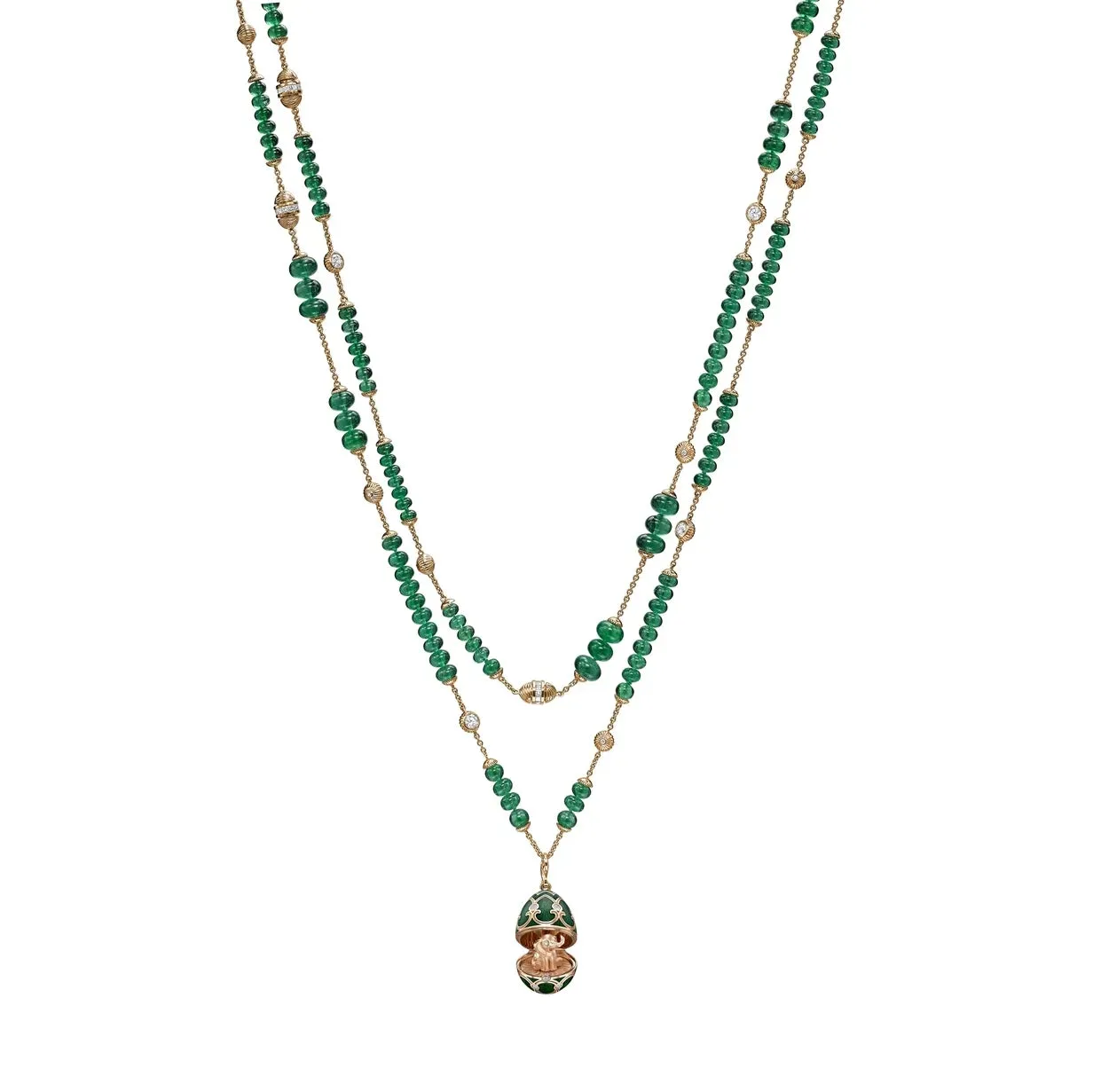 Faberge Heritage Rose Gold Emerald Diamond Transformable Necklace with Elephant Surprise