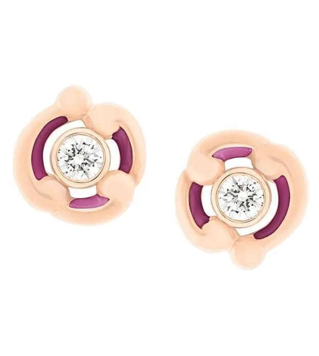 Faberge Rococo 18ct Rose Gold Diamond Purple Enamel Stud Earrings
