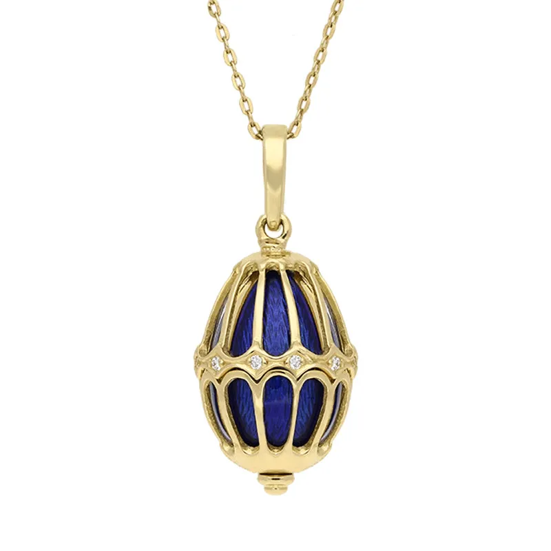 Faberge Victor Mayer 18ct Yellow Gold Diamond Blue Enamel Cage Necklace