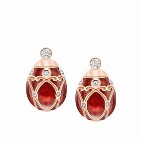 Faberge Heritage Rose Gold Diamond Red Guilloche Enamel Stud Earrings