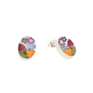 Floral Earrings Mixed Oval Stud Silver Small
