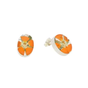 Floral Earrings Orange Oval Stud Silver Small