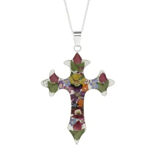 Floral Necklace Mixed Pointed Cross Silver Large