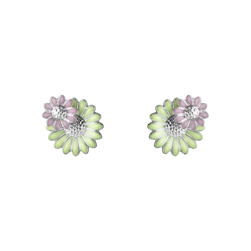 Georg Jensen Stine Goya Daisy Sterling Silver Green and Pink Enamel Stud Earrings