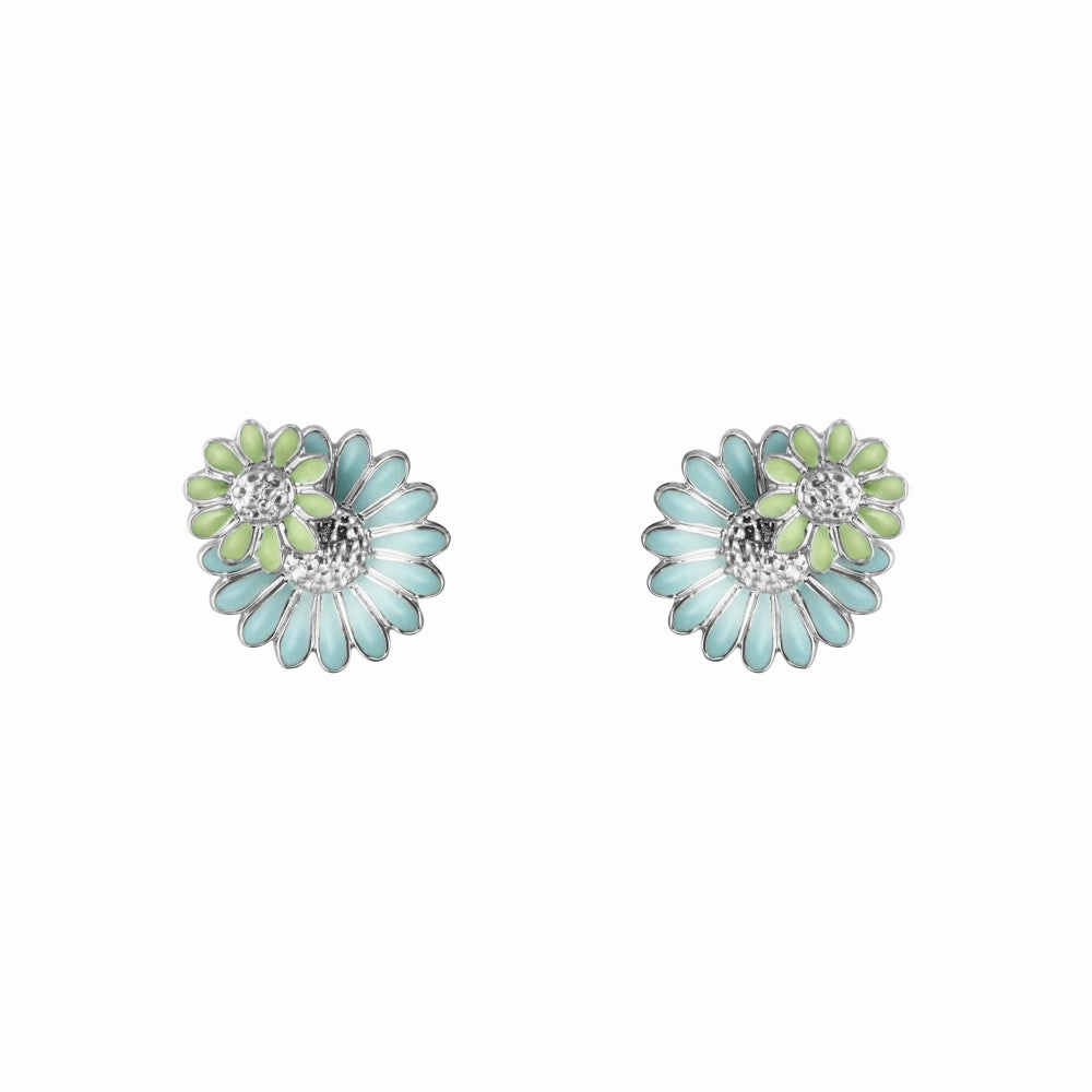 Georg Jensen Stine Goya Daisy Sterling Silver Green and Blue Enamel Stud Earrings