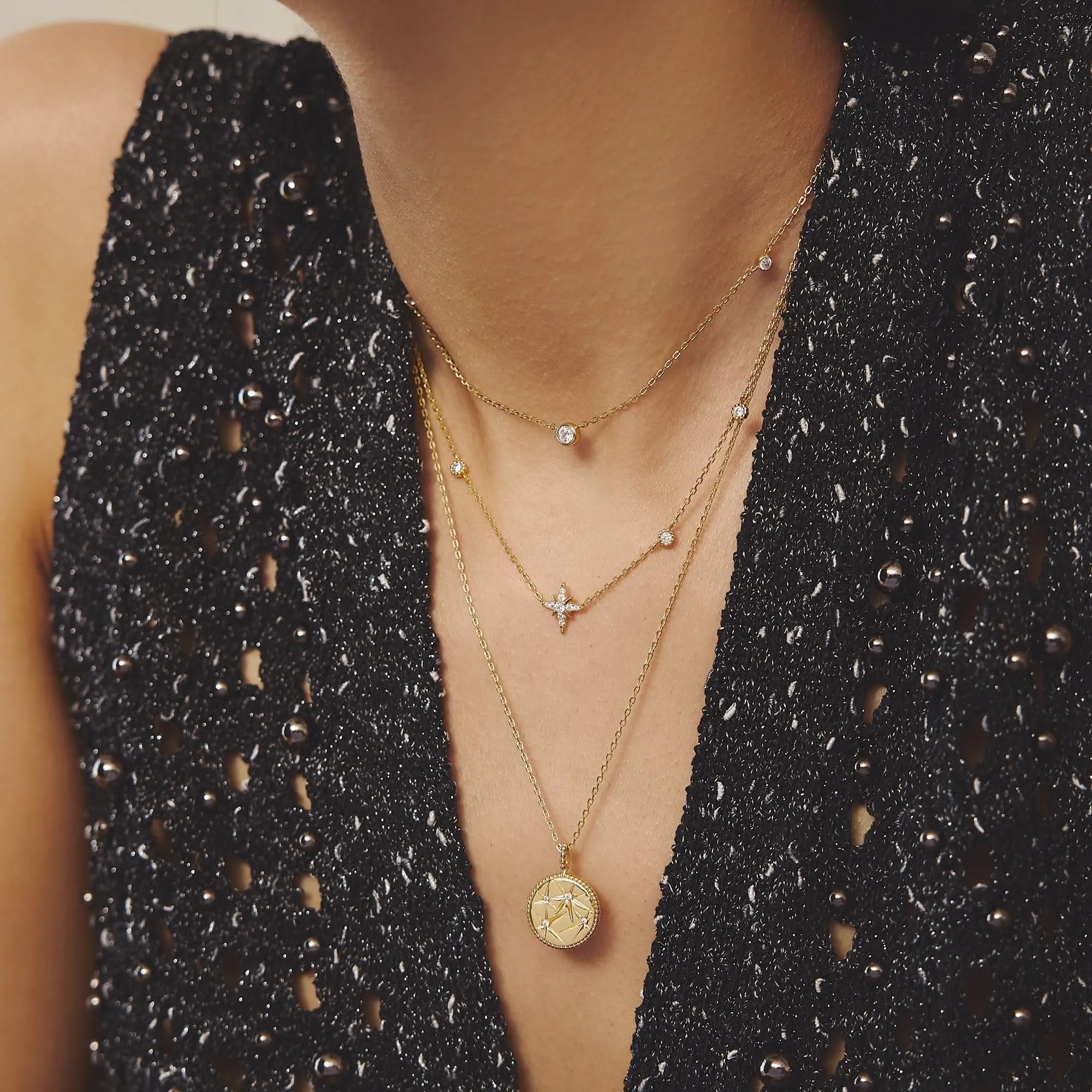 Gold Eight-Pointed Star Cubic Zirconia Station Necklace N065-02G