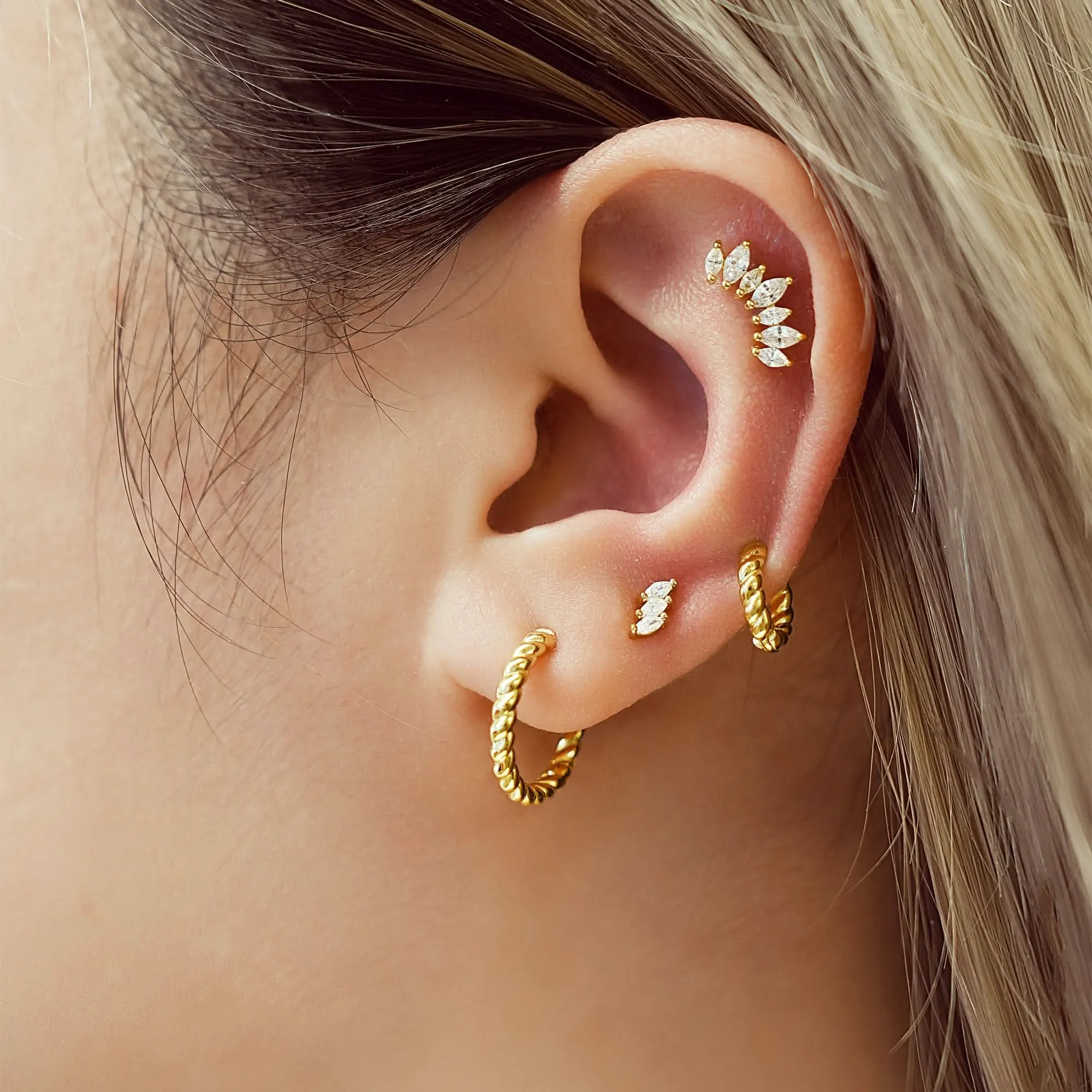 Gold Triple Marquise Stud Earrings E063-01G