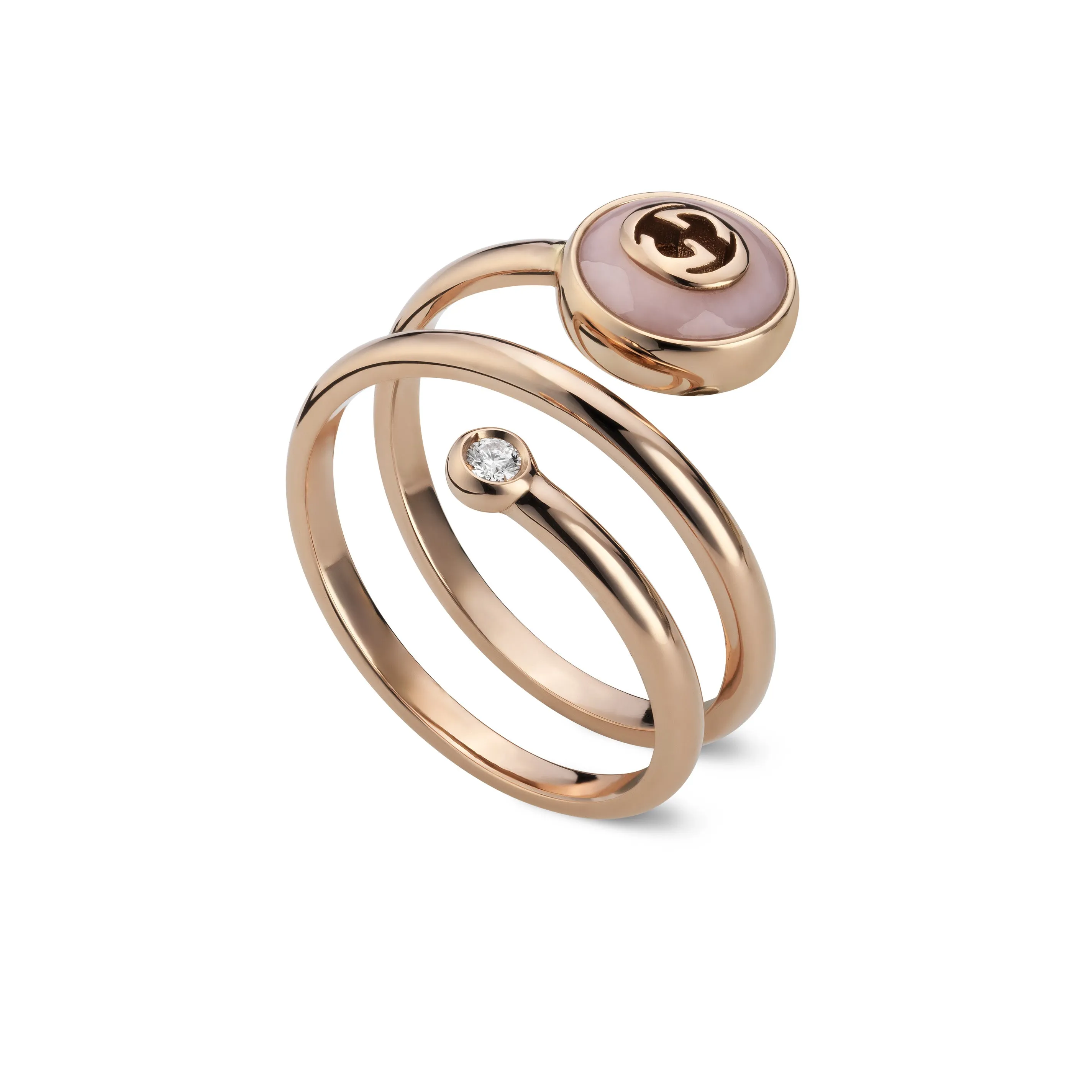 Gucci Interlocking G 18ct Rose Gold Diamond & Pink Opal Spiral Ring