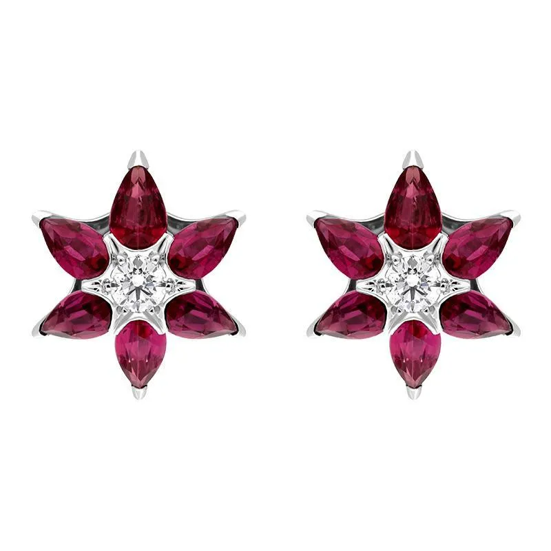 Hans D. Krieger 18ct White Gold 1.90ct Ruby Diamond Flower Stud Earrings