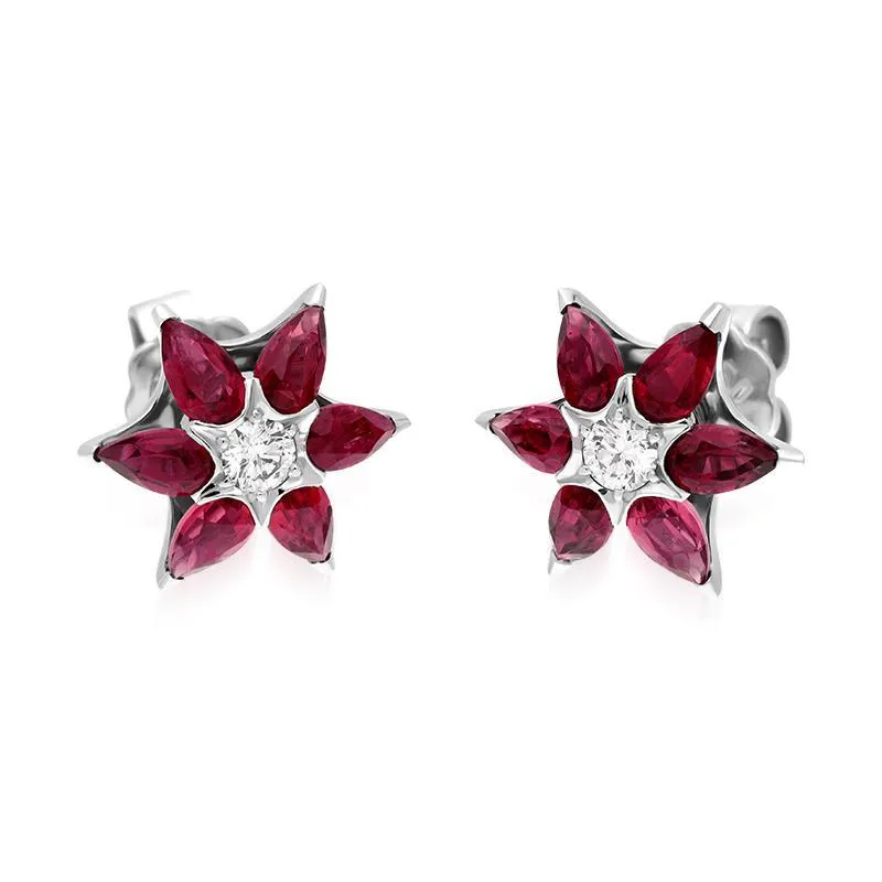 Hans D. Krieger 18ct White Gold 1.90ct Ruby Diamond Flower Stud Earrings