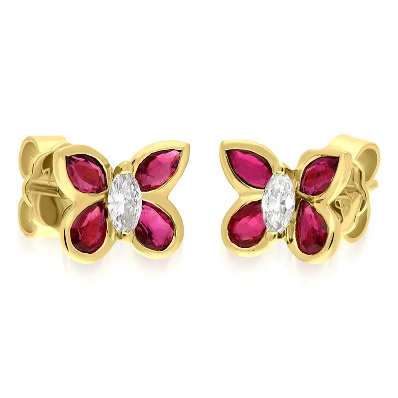 Hans D. Krieger 18ct Yellow Gold 1.10ct Ruby 0.18ct Diamond Butterfly Stud Earrings