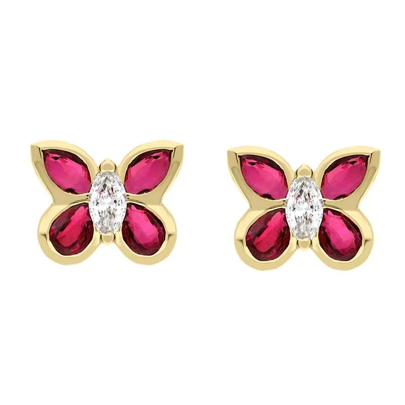 Hans D. Krieger 18ct Yellow Gold 1.10ct Ruby 0.18ct Diamond Butterfly Stud Earrings