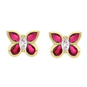 Hans D. Krieger 18ct Yellow Gold 1.10ct Ruby 0.18ct Diamond Butterfly Stud Earrings