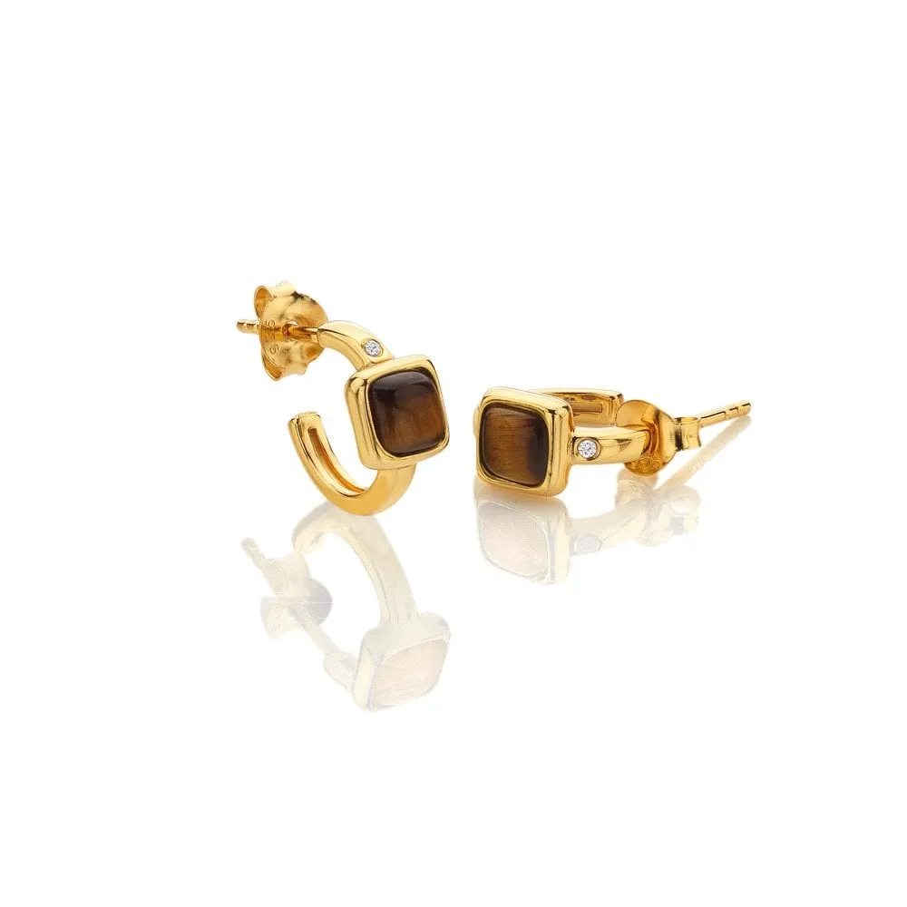 Hot Diamonds Gold Plated Sterling Silver Tigers Eye Square Huggie Earrings