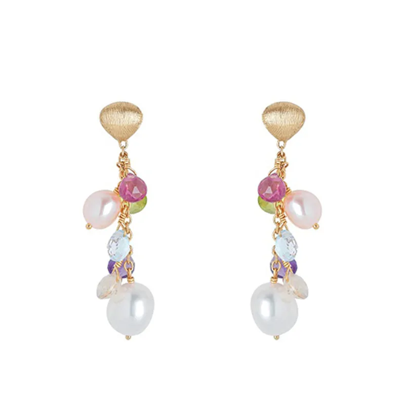 Marco Bicego Paradise 18ct Yellow Gold Pearl and Multicolour Gemstone Drop Earrings