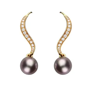 Mikimoto 18ct Rose Gold Diamond 10.5mm Purple Akoya Pearl Drop Earrings