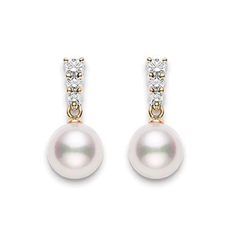 Mikimoto 18ct Rose Gold Diamond 8mm White Akoya Pearl Earrings
