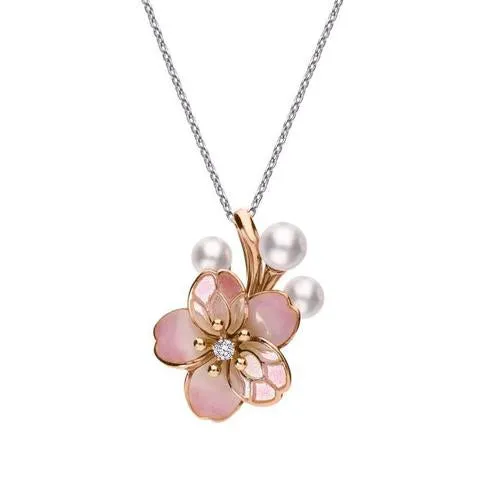 Mikimoto 18ct Rose Gold Diamond Akoya Pearl Cherry Blossom Necklace
