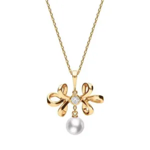Mikimoto 18ct Rose Gold Diamond White Akoya Pearl Bow Necklace D