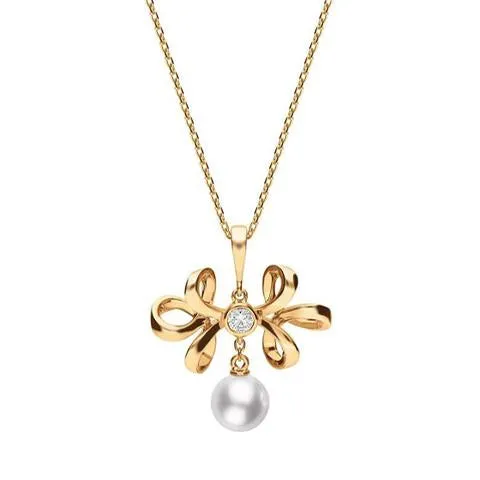 Mikimoto 18ct Rose Gold Diamond White Akoya Pearl Bow Necklace D