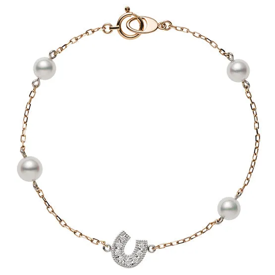 Mikimoto 18ct Rose Gold White Akoya Pearl Diamond Horseshoe Chain Bracelet