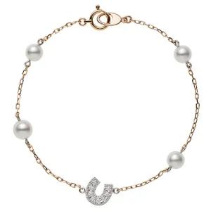 Mikimoto 18ct Rose Gold White Akoya Pearl Diamond Horseshoe Chain Bracelet