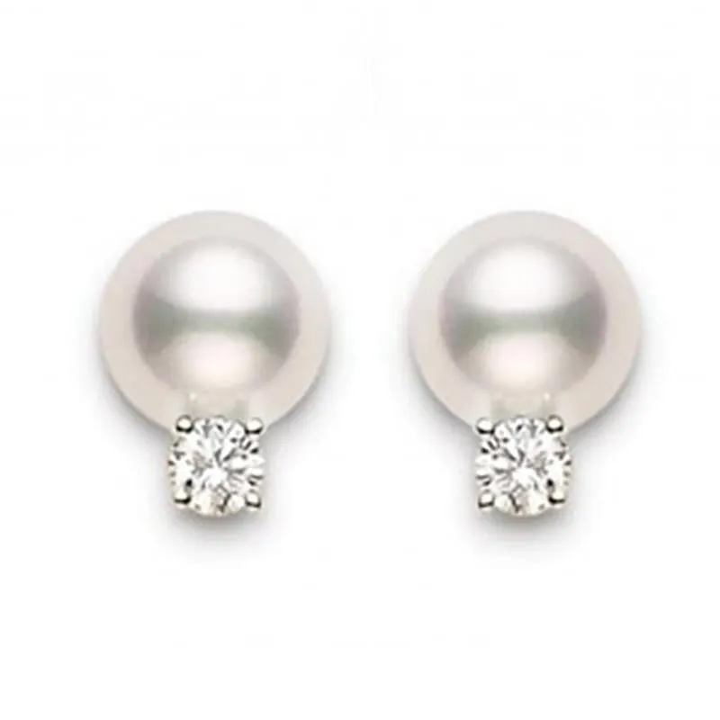 Mikimoto 18ct White Gold Diamond 7.5mm AA Akoya Pearl Stud Earrings