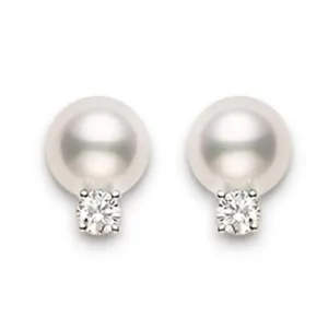 Mikimoto 18ct White Gold Diamond 7.5mm AA Akoya Pearl Stud Earrings