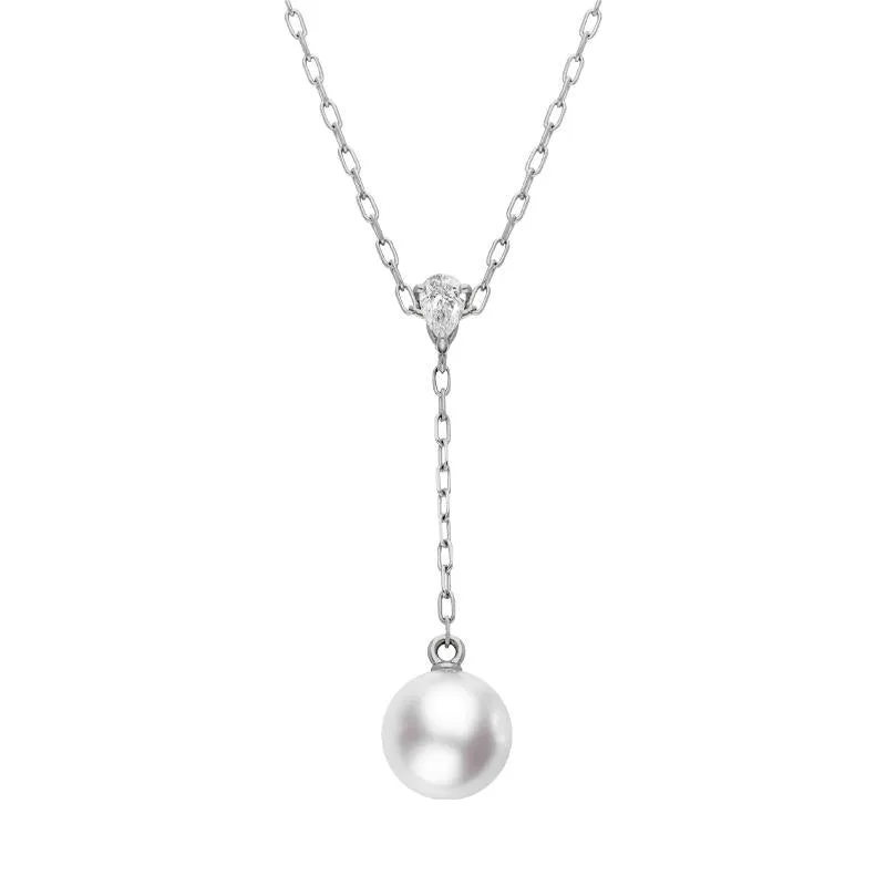 Mikimoto 18ct White Gold Diamond 7.5mm White Akoya Pearl Drop Necklace