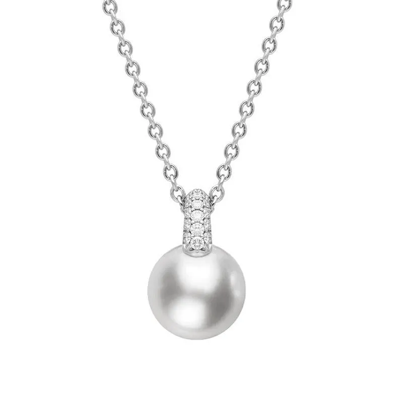 Mikimoto 18ct White Gold Diamond 8.5mm White Akoya Pearl Necklace
