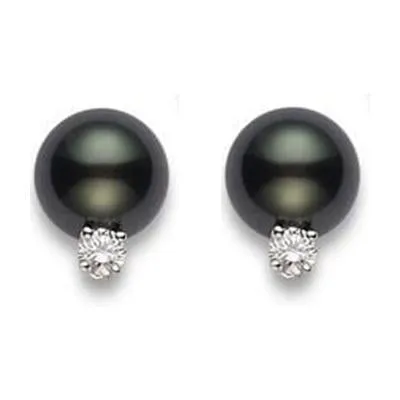 Mikimoto 18ct White Gold Diamond 9mm A  Black South Sea Pearl Stud Earrings