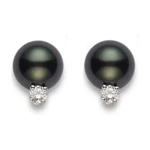 Mikimoto 18ct White Gold Diamond 9mm A  Black South Sea Pearl Stud Earrings