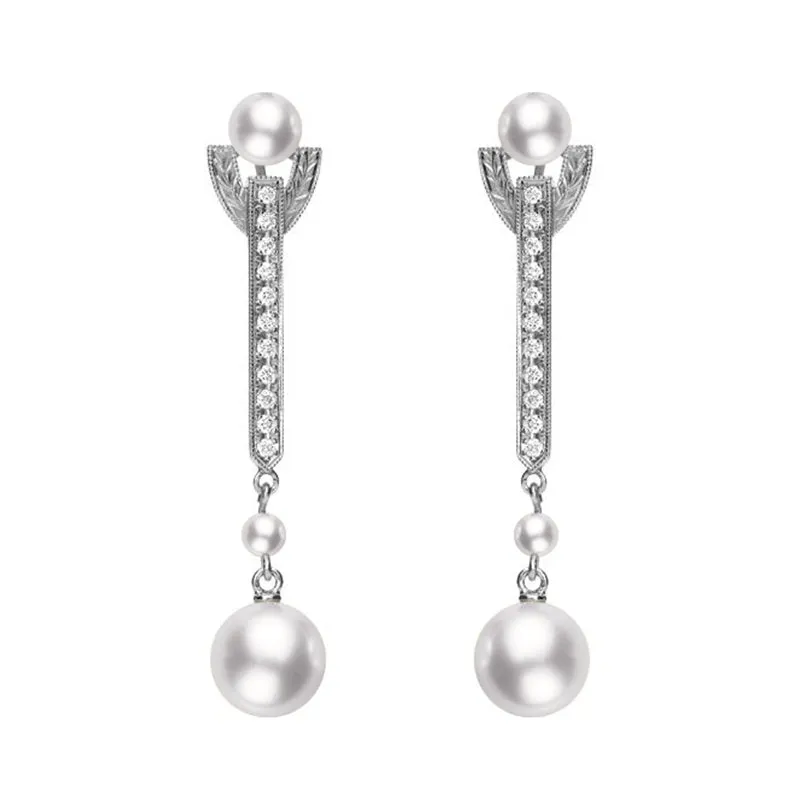 Mikimoto 18ct White Gold Diamond White Akoya Pearl Drop Earrings