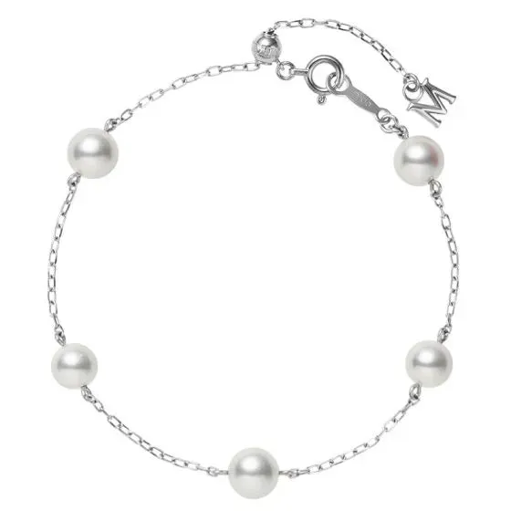 Mikimoto 18ct White Gold Five Akoya Pearls Adjustable Chain Bracelet